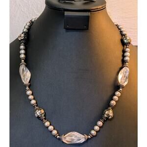 Vintage to Antique Sterling Silver Pearl Rock Quartz Abalone Shell Bead Necklace